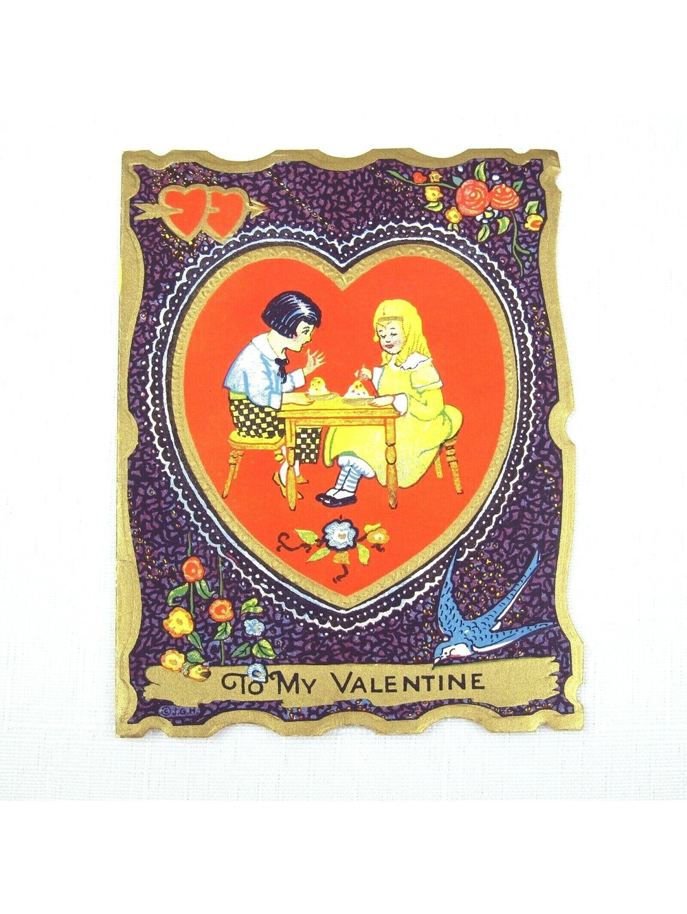 Vintage Valentine Die cut Fold Card Boy & Girl Gold Embossed 1920s-30s UNSIGNED